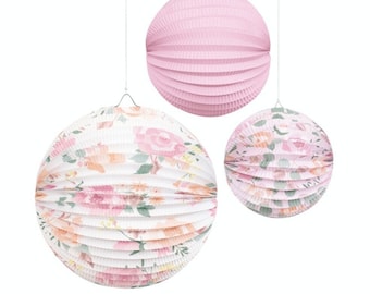 Pink Floral Paper Party Lanterns - Spring Tea Party Supplies, Garden Birthday Party Decorations, Floral Baby Shower Decor, Hanging Decor