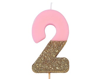Pink 2nd Birthday Candle - Two Birthday Candle, Glitter Candles, Sparkly Candles, Number Two Candle, Cake Topper, Age 2, Gold Glitter Candle