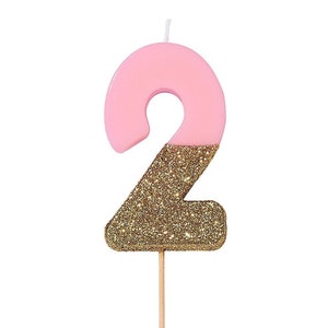 Pink 2nd Birthday Candle - Two Birthday Candle, Glitter Candles, Sparkly Candles, Number Two Candle, Cake Topper, Age 2, Gold Glitter Candle