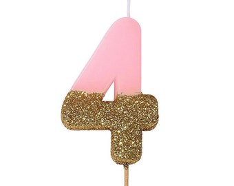 Bougie rose pour les 4 ans - Bougie numéro quatre, bougies scintillantes, bougies scintillantes, bougies scintillantes, 4 ans, articles de fête rose et or