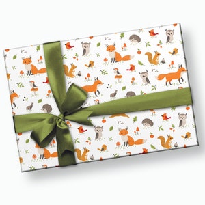 Papel de regalo de bosque - Papel de regalo de zorro, Papel de regalo para baby shower, Fiesta de cumpleaños de bosque, Baby shower de animales del bosque, Papel de regalo de animales