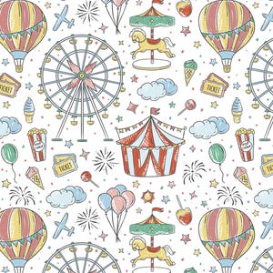 Circuscadeauvellen – 30 x 20 inpakpapier met carnavalsattracties en lekkernijen – opgerolde vellen voor verjaardag, babyshower, groot feest