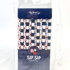 Patriotic Reusable Jumbo Straws 12ct – Plastic Red White & Blue 4th of July USA Party Summer Picnic Floral Stripe Americana Birthday Straws