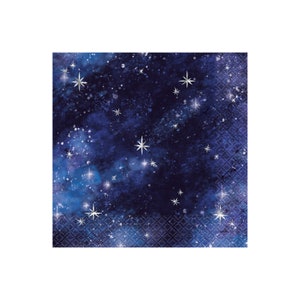 May include: Blue and purple galaxy-themed paper napkins with silver glitter stars.