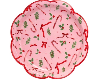 Platos de postre navideños con forma de bastón de caramelo, platos de papel navideños rosas, platos festoneados de 18 cm para fiestas navideñas, vajilla con forma de bastón de caramelo (6 unidades)