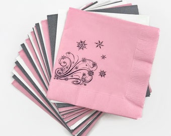 Sneeuwvlok feestservetten 24kt - Sneeuwvlok babyshower Winter Wonderland verjaardag Winter Onederland roze en zilveren sneeuwvlok servetten
