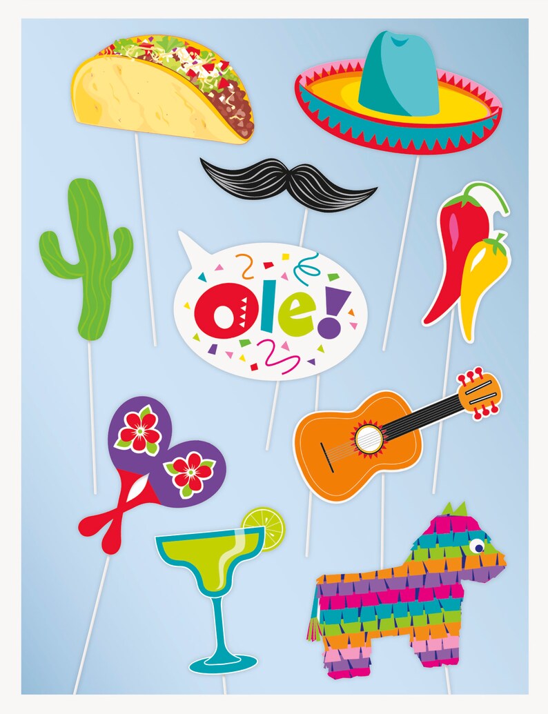May include: A set of 10 colorful photo booth props with a Mexican fiesta theme. The props include a sombrero, a taco, a cactus, a maraca, a guitar, a margarita glass, a pinata, a mustache, a speech bubble with the word "Ole!" and a pair of chili peppers.
