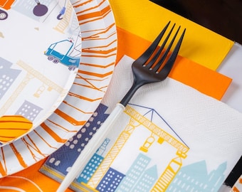 Serviettes de table anniversaire Construction 16 carats | Serviettes en papier jetables thème Grue et bâtiment | Vaisselle de fête de la construction pour enfants | Décoration de fête camion
