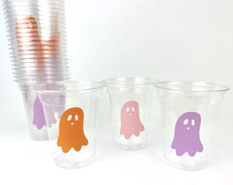 Kubeczki Pastel Ghost 24 szt. - Kubeczki na imprezę Halloween Boo Kubeczki plastikowe na imprezę urodzinową Pomarańczowo-różowo-lawendowe Straszne artykuły na imprezę dla dzieci