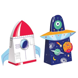 宇宙パーティーの記念品バッグ 6個入り - ロケットとUFOのお菓子バッグ、宇宙の誕生日、ギャラクシーベビーシャワー、子供用エイリアンパーティー用品、誕生日の記念品