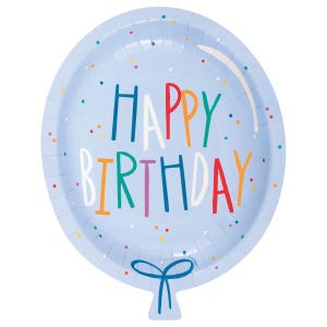 Light Blue Balloon Shaped Happy Birthday Plates – 8ct Cake Plates for Kids Birthday Party or Rainbow Theme, Disposable Paper Plates
