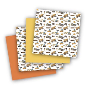 Vinylpakket bouwvoertuigen: 4 vellen, 12 x 12 | Oranje, geel, vrachtwagens, bordenafdrukken | Knutselen voor jongens, feestdecoratie, doe-het-zelfstickers en cadeaus