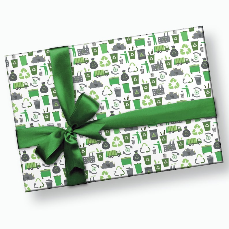 May include: A green and white gift wrap with a repeating pattern of recycling symbols, bins, and trucks. The gift wrap is tied with a green ribbon.