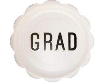 White Scalloped GRAD Paper Plates – 9.75" Graduation Party Plates (8ct) with Black & Gold Text, Class of 2026 Decor, High School or College