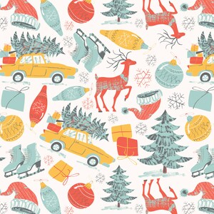 K&ouml;nnte beinhalten: Ein nahtloses Muster mit verschiedenen weihnachtlichen Illustrationen, darunter ein gelbes Auto mit einem Weihnachtsbaum auf dem Dach, ein rotes Rentier, ein blauer Schlittschuh, ein gr&uuml;ner Weihnachtsbaum, eine rot-wei&szlig;e Weihnachtsm&uuml;tze und verschiedene Ornamente in Rot, Blau, Gelb und Gr&uuml;n.