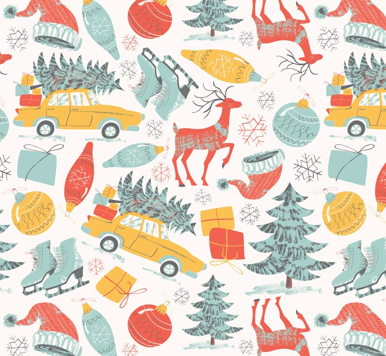 K&ouml;nnte beinhalten: Ein nahtloses Muster mit verschiedenen weihnachtlichen Illustrationen, darunter ein gelbes Auto mit einem Weihnachtsbaum auf dem Dach, ein rotes Rentier, ein blauer Schlittschuh, ein gr&uuml;ner Weihnachtsbaum, eine rot-wei&szlig;e Weihnachtsm&uuml;tze und verschiedene Ornamente in Rot, Blau, Gelb und Gr&uuml;n.