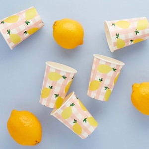 Bicchieri da festa a quadretti rosa e limone, 8 pezzi - Decorazioni per compleanni a base di agrumi, articoli per feste a base di limonata, baby shower alla frutta, festa con spremuta principale, bicchieri di carta
