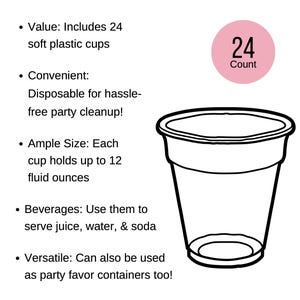 Puede incluir: Un vaso de pl&aacute;stico transparente con contorno negro, dise&ntilde;ado para bebidas. La imagen incluye un c&iacute;rculo rosa con el n&uacute;mero 24 y la palabra "Count". Los vasos son desechables y contienen 355 ml.