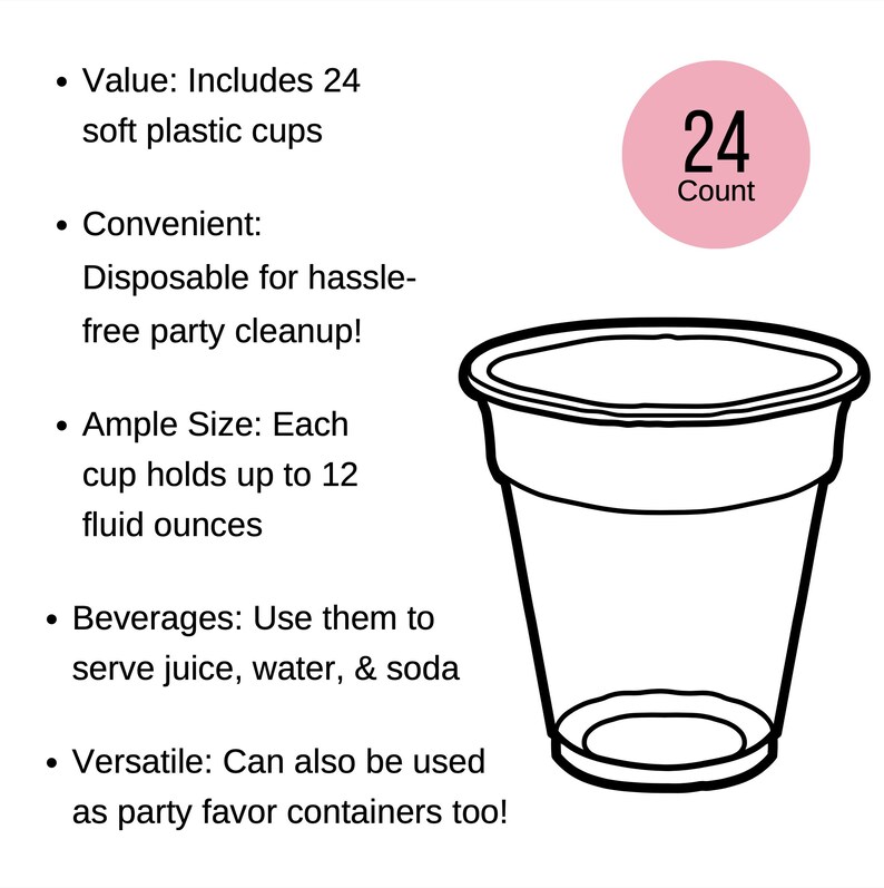 Puede incluir: Un vaso de pl&aacute;stico transparente con contorno negro, dise&ntilde;ado para bebidas. La imagen incluye un c&iacute;rculo rosa con el n&uacute;mero 24 y la palabra "Count". Los vasos son desechables y contienen 355 ml.