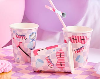 Pamper Party Cups for Girls Spa Birthday 8ct – 9oz Paper Cups for Sleepover, Glam, Facial, Makeup or Spa Theme Party