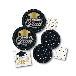 Schwarz & Gold Abschlussfeier, Abschluss Teller, Papierservietten, Konfetti, Abschluss 2025, Abschlussdekoration, Abschlussfeier
