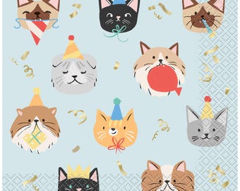 Servilletas de papel para cumpleaños de gatos (16 unidades), artículos para fiestas de gatitos, decoraciones de cumpleaños de gatitos, vajilla para fiestas
