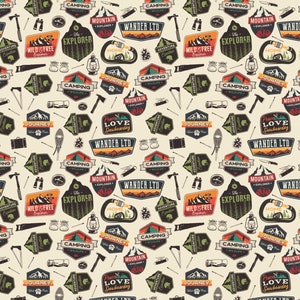 May include: A seamless pattern featuring various camping and outdoor adventure themed illustrations. The pattern includes a variety of badges, logos, and icons, such as a mountain explorer, wild and free, peace love snowboarding, and wander ltd. The pattern is set on a light beige background.