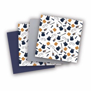 May include: A stack of four square sheets of wrapping paper with a white background and a repeating pattern of police-themed icons, including a police badge, handcuffs, a flashlight, a walkie-talkie, and a baton. The top sheet is white with the pattern, the second sheet is light gray, and the bottom two sheets are dark blue.