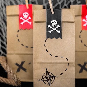 Carte au trésor, sacs cadeaux 6 carats - sacs cadeaux d'anniversaire pirate, décorations d'anniversaire, tête de mort, cadeaux Ahoy Matey, anniversaire bateau pirate