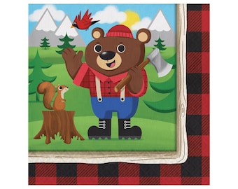 Serwetki obiadowe w kształcie niedźwiedzia - Buffalo Plaid Lumberjack Party - Bear Baby Shower - Urodziny - Woodland Baby Shower - Baby Lumberjack - Motyw niedźwiedzia