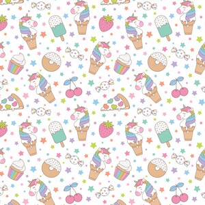 Puede incluir: Un patr&oacute;n sin costuras que presenta una variedad de im&aacute;genes de dibujos animados coloridos, que incluyen unicornios, conos de helado, donas, rebanadas de pizza, cerezas, estrellas y caramelos. El fondo es blanco.