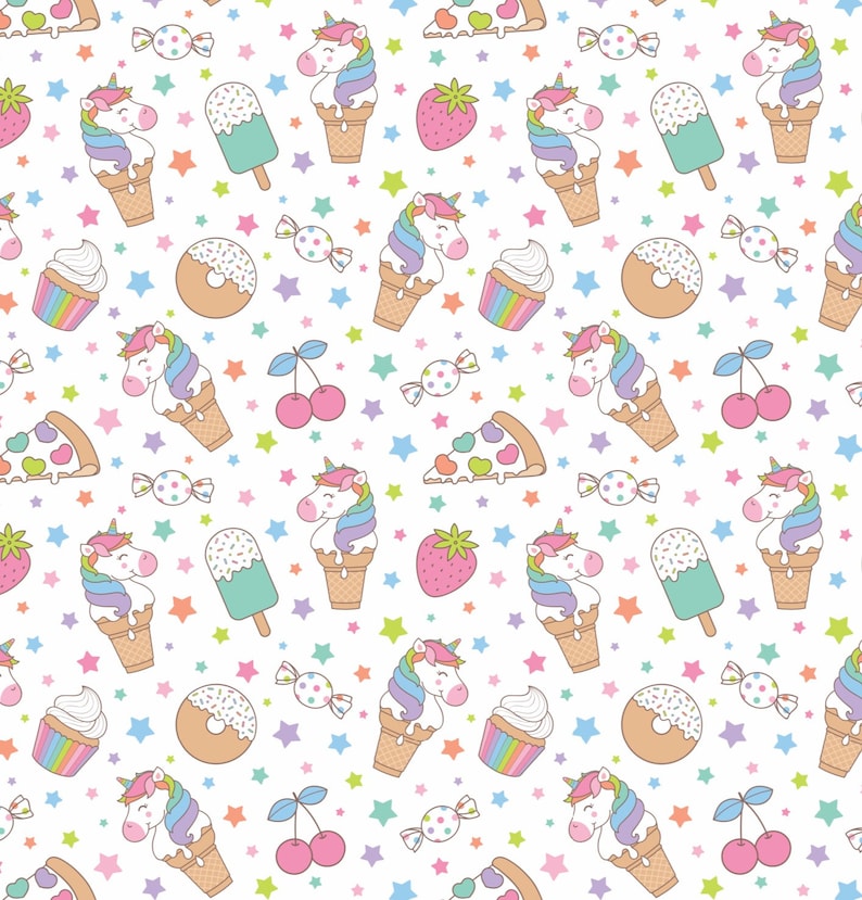 Puede incluir: Un patr&oacute;n sin costuras que presenta una variedad de im&aacute;genes de dibujos animados coloridos, que incluyen unicornios, conos de helado, donas, rebanadas de pizza, cerezas, estrellas y caramelos. El fondo es blanco.