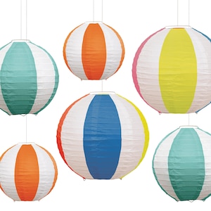 Colorful Paper Lanterns for Summer Party, 6ct Hanging Lantern Decorations, Beach Ball Theme Decor for Pool Party, Birthday, or Aloha Luau