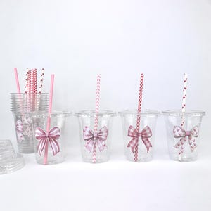 Pink Bows Party Cups - Plastic Drink Cups, Preppy Baby Shower, Valentines Cups, Coquette Bridal Shower, Bow Bachelorette, Bow Favor Cups