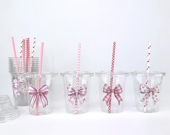 Pink Bows Party Cups - Plastic Drink Cups, Preppy Baby Shower, Valentines Cups, Coquette Bridal Shower, Bow Bachelorette, Bow Favor Cups