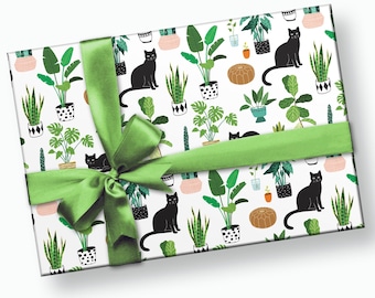 Plant Wrapping Paper - Plant Gift Wrap, Cat Wrapping Paper, Cat Gift Wrap, Cat Gifts for Women, Gifts for Cat Lovers, Plant Lover Gift Wrap