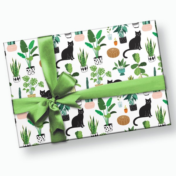 Plant Wrapping Paper - Plant Gift Wrap, Cat Wrapping Paper, Cat Gift Wrap, Cat Gifts for Women, Gifts for Cat Lovers, Plant Lover Gift Wrap