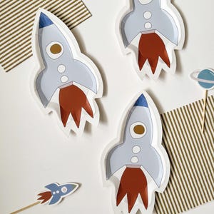 Rocket Ship Dessert Plates 8ct - Space Party Supplies, Galaxy Birthday Plates, Planet Party Decor, Boy Baby Shower, Astronaut Birthday Party