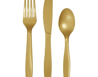 Posate in oro 72 pezzi - Posate per matrimoni all'ingrosso, posate per compleanni all'ingrosso, utensili per Capodanno, utensili in plastica all'ingrosso, set di posate in tinta unita