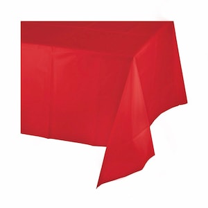 May include: A solid red plastic tablecloth. The tablecloth is rectangular and has a smooth, flat surface.