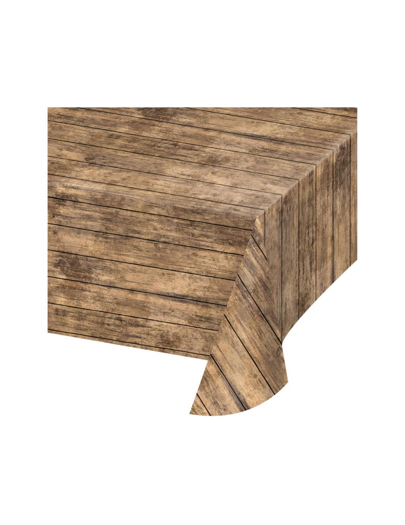 May include: A brown plastic tablecloth with a wood grain pattern. The tablecloth is rectangular and has a rounded corner.