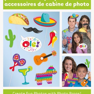 May include: A set of 10 colorful photo booth props with a fiesta theme. The props include a sombrero, a taco, a maraca, a guitar, a cactus, a margarita glass, a pinata, a chili pepper, a mustache, and a speech bubble that says "Ole!"