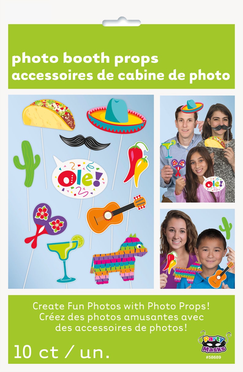 May include: A set of 10 colorful photo booth props with a fiesta theme. The props include a sombrero, a taco, a maraca, a guitar, a cactus, a margarita glass, a pinata, a chili pepper, a mustache, and a speech bubble that says "Ole!"