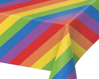 Rainbow Stripe Plastic Table Cover – 54" x 108" Disposable Tablecloth for Unicorn or Rainbow Birthday, Kids Classroom, Colorful Summer Party