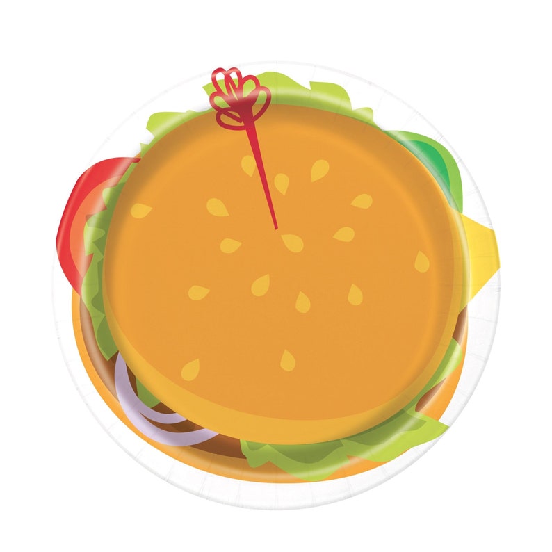 May include: White paper party plate with a cartoon burger design. The burger has a yellow bun, lettuce, tomato, onion, and a red toothpick.