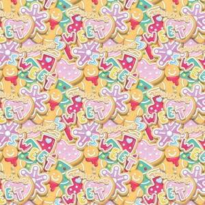 May include: A seamless pattern of Christmas-themed gingerbread cookies. The cookies are decorated with red, green, white, and yellow icing. Some of the cookies are shaped like stars, hearts, and Christmas trees. The cookies are all decorated with the word "SWEET" and the phrase "CHRISTMAS".