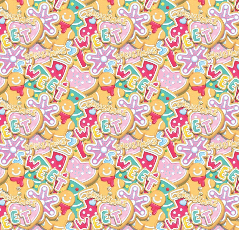 May include: A seamless pattern of Christmas-themed gingerbread cookies. The cookies are decorated with red, green, white, and yellow icing. Some of the cookies are shaped like stars, hearts, and Christmas trees. The cookies are all decorated with the word "SWEET" and the phrase "CHRISTMAS".