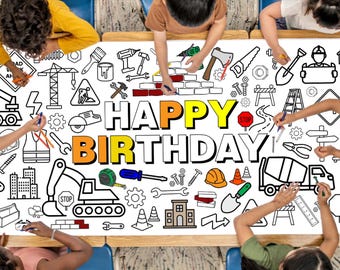 Construction Coloring Table Runner – 20" x 72" Activity Banner for Boys Birthday Party Decoration Poster Game Color Kids Craft Party Decor