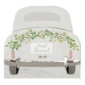 May include: A white vintage car with a "Just Married" sign on the back. The car is decorated with a garland of green leaves and berries.
