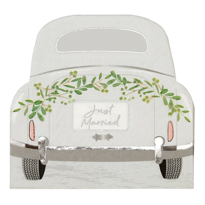 May include: A white vintage car with a "Just Married" sign on the back. The car is decorated with a garland of green leaves and berries.